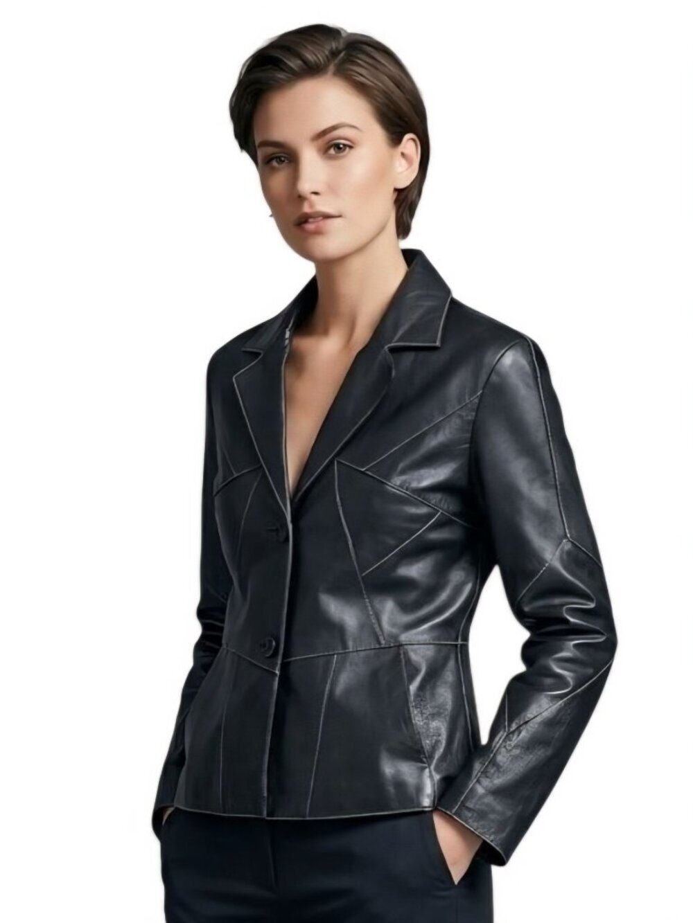 Wilson Leather Maxima Black Patchwork Stitch Blazer Jacket Y2K Size M